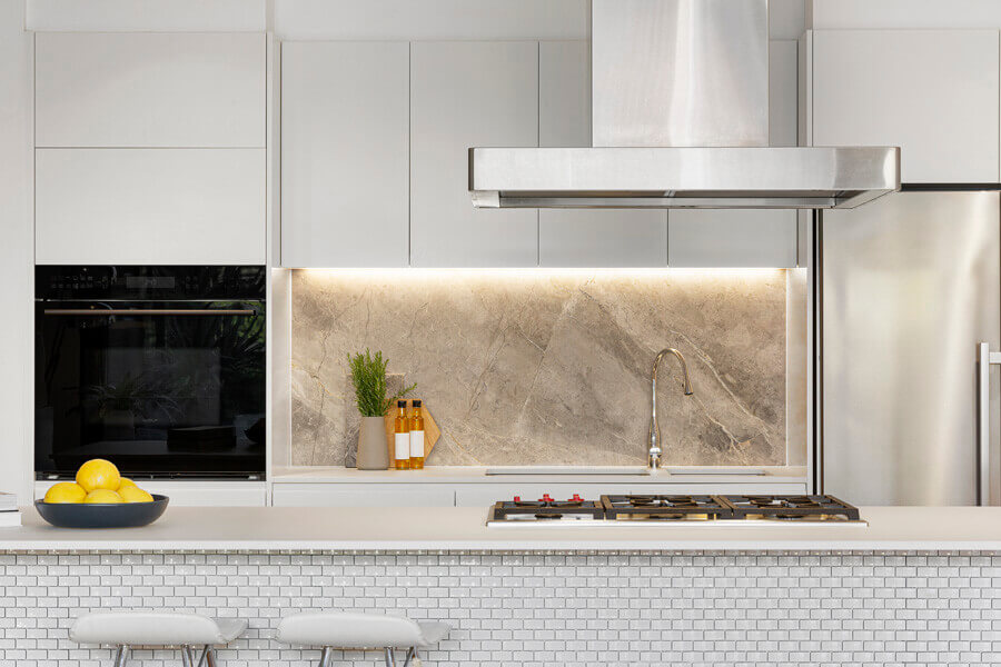 Modern kitchen counter with an undermount sink and mixer tap